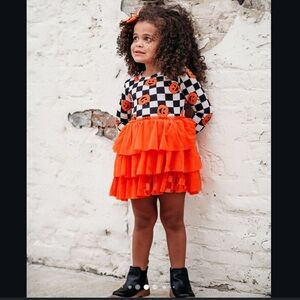 Dream big little co Halloween pumpkin checker tutu dress